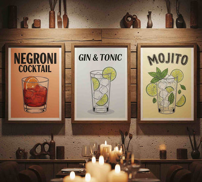 Pack "Trío de Clásicos" - 3 Posters/Cuadros Vintage para Bar: Negroni, Mojito y Gin Tonic - TRiiPSS