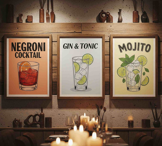Pack "Trío de Clásicos" - 3 Posters/Cuadros Vintage para Bar: Negroni, Mojito y Gin Tonic - TRiiPSS