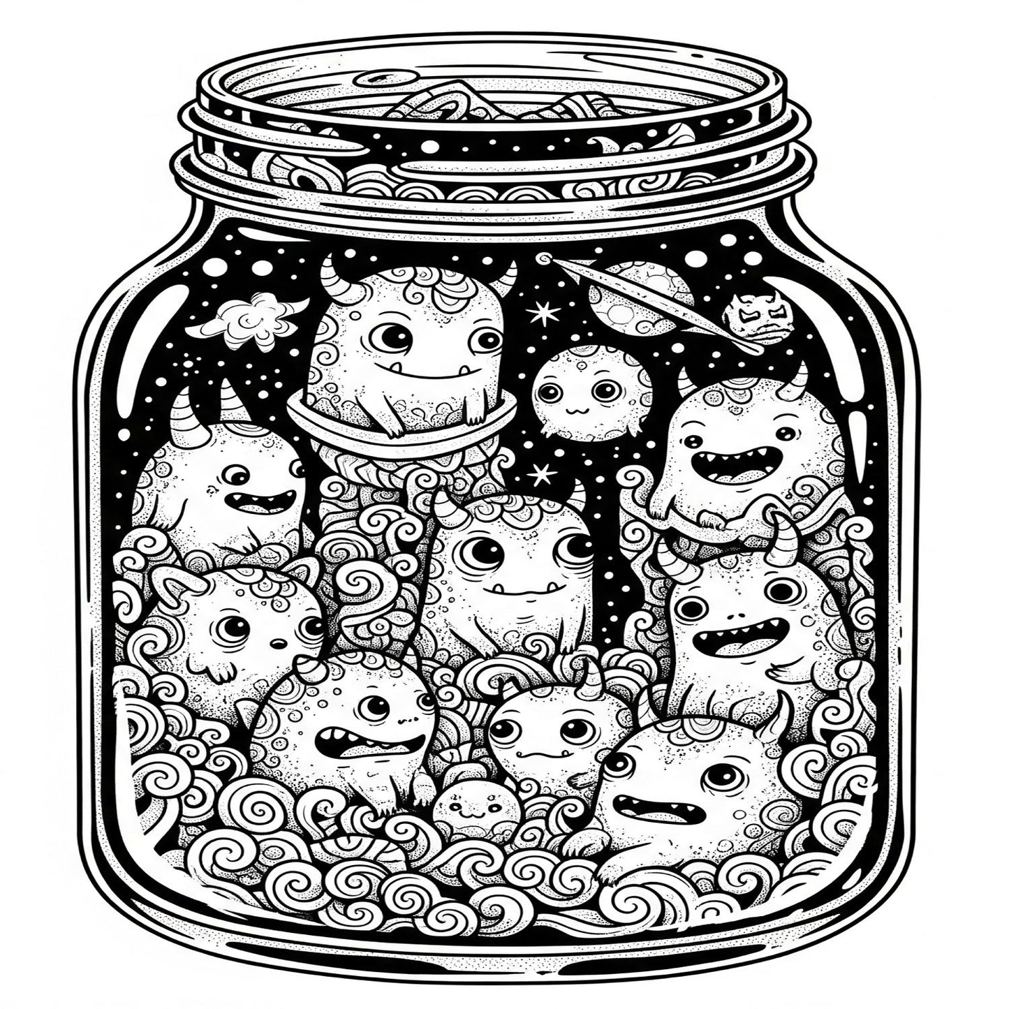 Pack de Ilustraciones para Colorear | Jar Monsters - 15 Diseños en A3 (300 DPI) para Imprimir