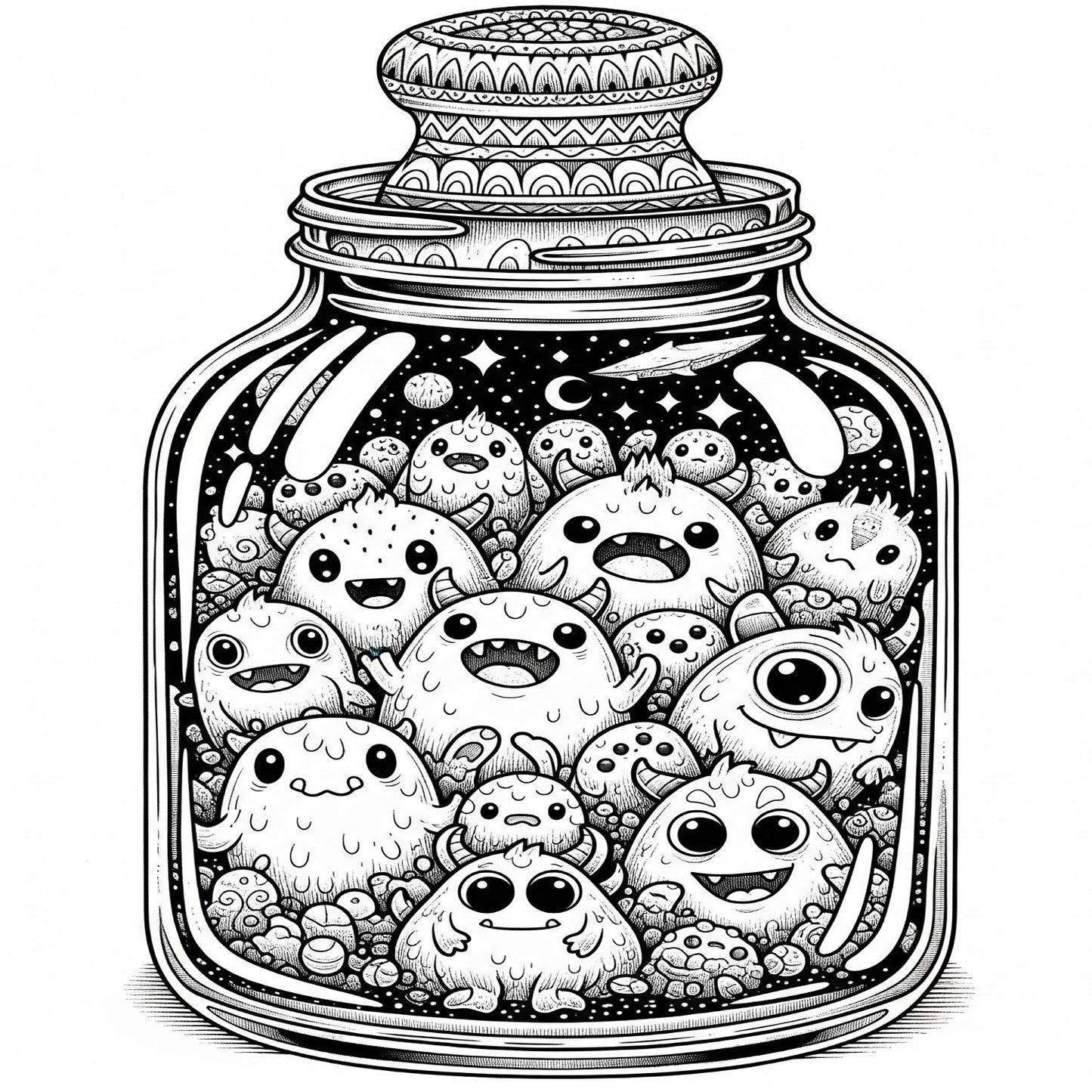 Pack de Ilustraciones para Colorear | Jar Monsters - 15 Diseños en A3 (300 DPI) para Imprimir