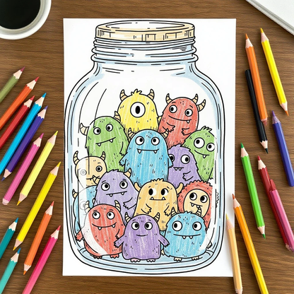 Pack de Ilustraciones para Colorear | Jar Monsters - 15 Diseños en A3 (300 DPI) para Imprimir