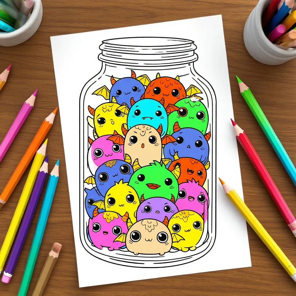 Pack de Ilustraciones para Colorear | Jar Monsters - 15 Diseños en A3 (300 DPI) para Imprimir